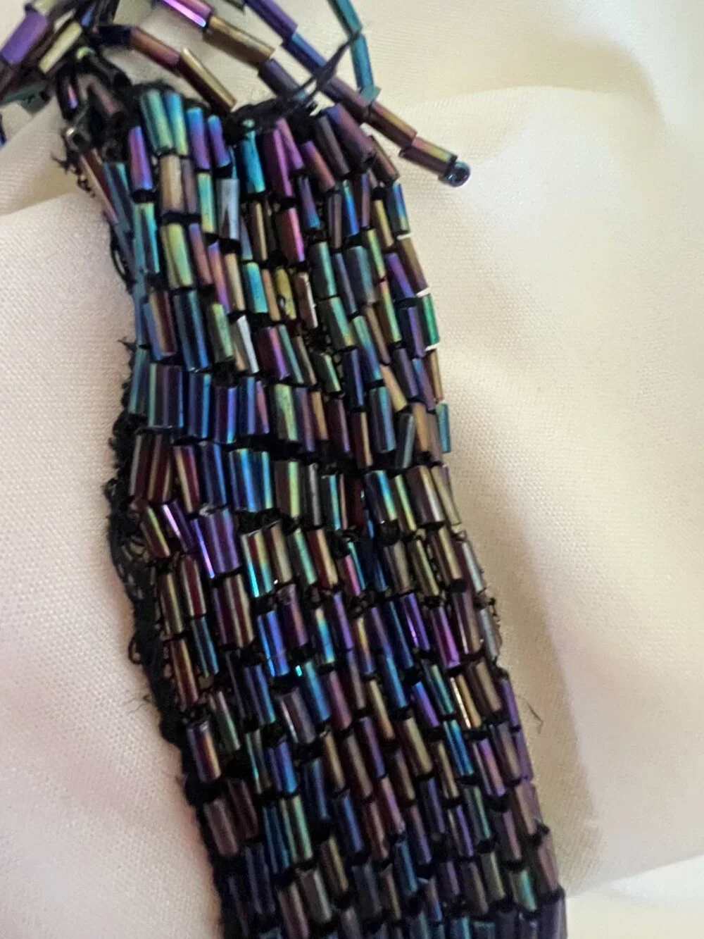 Vintage 80s iridescent Black Blue Beaded Sequin Fringe Capelet Shawl Holographic
